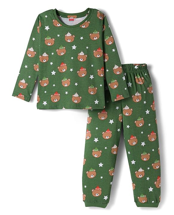 Babyhug Cotton Knit Full Sleeves Co-ords Night Suit With Animal Print - Green