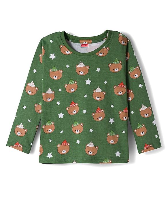 Babyhug Cotton Knit Full Sleeves Co-ords Night Suit With Animal Print - Green
