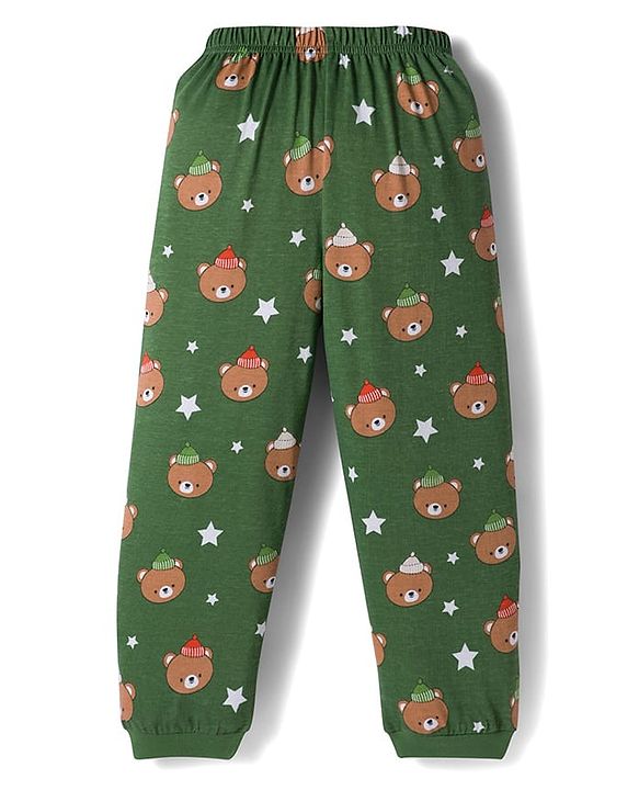 Babyhug Cotton Knit Full Sleeves Co-ords Night Suit With Animal Print - Green