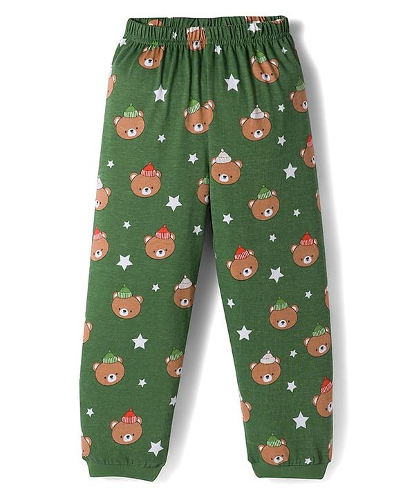 Babyhug Cotton Knit Full Sleeves Co-ords Night Suit With Animal Print - Green