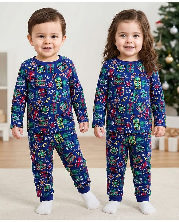 Babyhug Cotton Knit Full Sleeves Co-ords Night Suit With Gift Box Print - Blue
