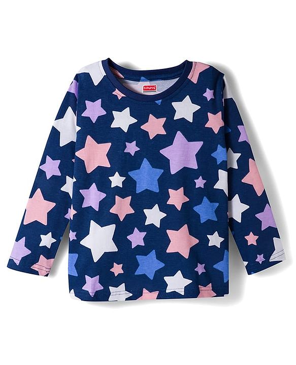 Babyhug Cotton Knit Full Sleeves Co-ords Night Suit With Star Print - Blue