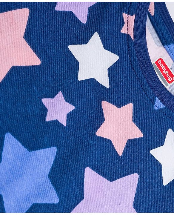 Babyhug Cotton Knit Full Sleeves Co-ords Night Suit With Star Print - Blue