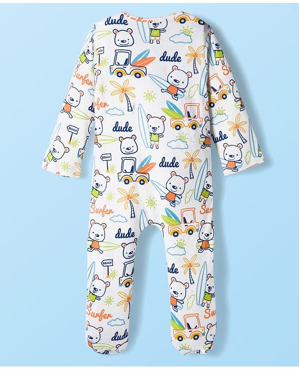Babyhug Cotton Knit Full Sleeves Footed Sleep Suit with Beach Theme Print - White