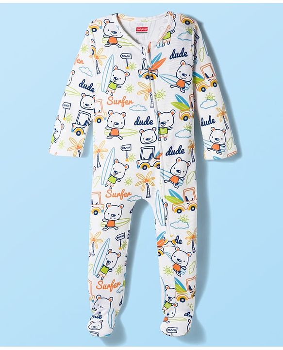 Babyhug Cotton Knit Full Sleeves Footed Sleep Suit with Beach Theme Print - White