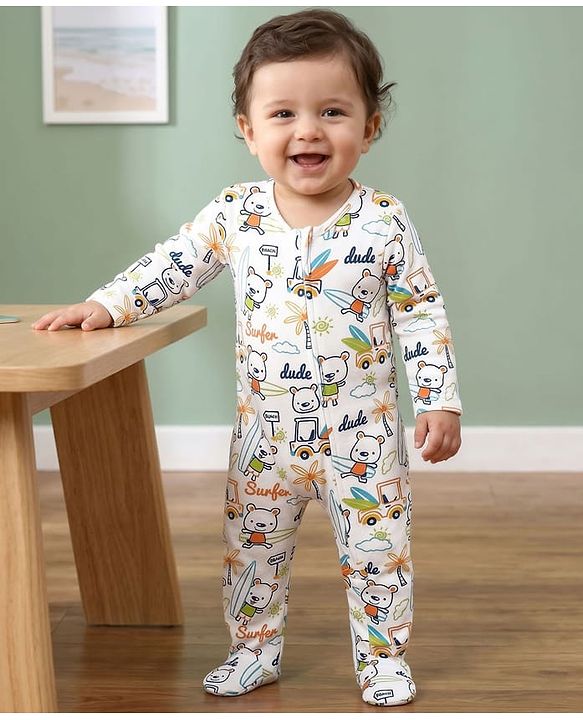 Babyhug Cotton Knit Full Sleeves Footed Sleep Suit with Beach Theme Print - White