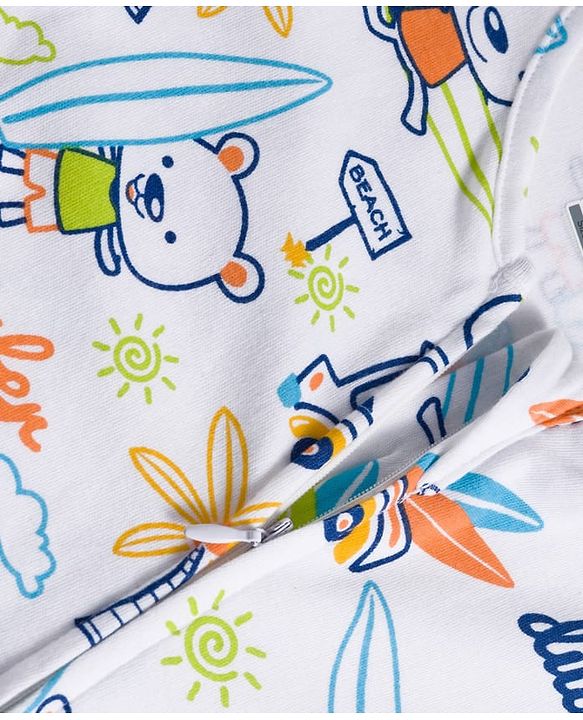Babyhug Cotton Knit Full Sleeves Footed Sleep Suit with Beach Theme Print - White