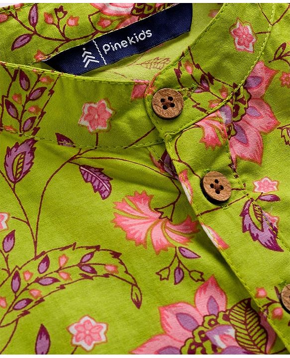 Pine Kids Cotton Woven Full Sleeves Kurta Pajama Set with Floral Print - Limegreen