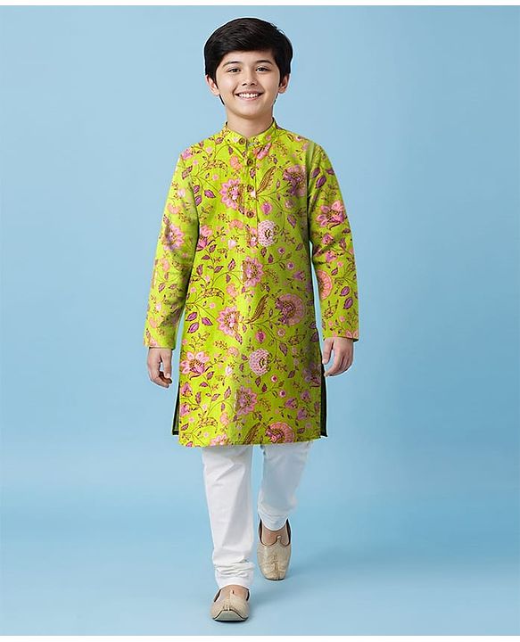 Pine Kids Cotton Woven Full Sleeves Kurta Pajama Set with Floral Print - Limegreen