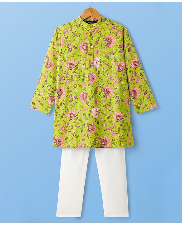 Pine Kids Cotton Woven Full Sleeves Kurta Pajama Set with Floral Print - Limegreen