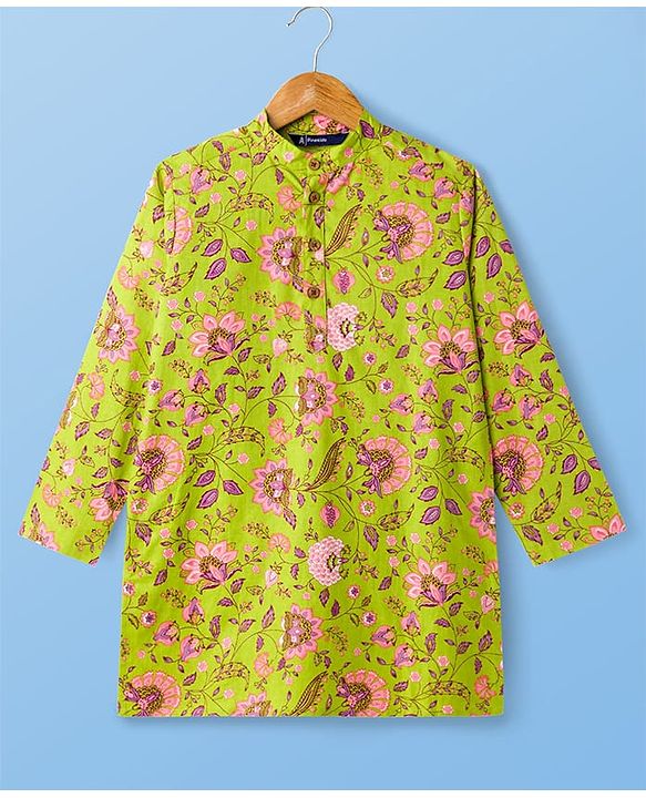Pine Kids Cotton Woven Full Sleeves Kurta Pajama Set with Floral Print - Limegreen