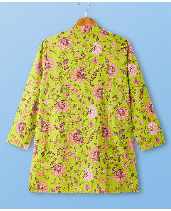 Pine Kids Cotton Woven Full Sleeves Kurta Pajama Set with Floral Print - Limegreen