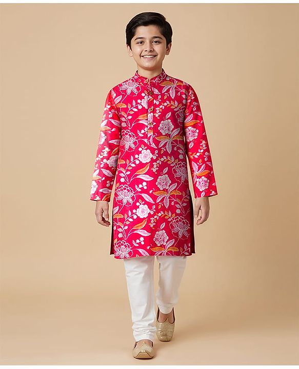 Pine Kids Cotton Woven Full Sleeves Kurta Pajama Set With Floral Print - Red