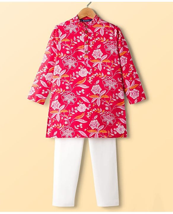 Pine Kids Cotton Woven Full Sleeves Kurta Pajama Set With Floral Print - Red