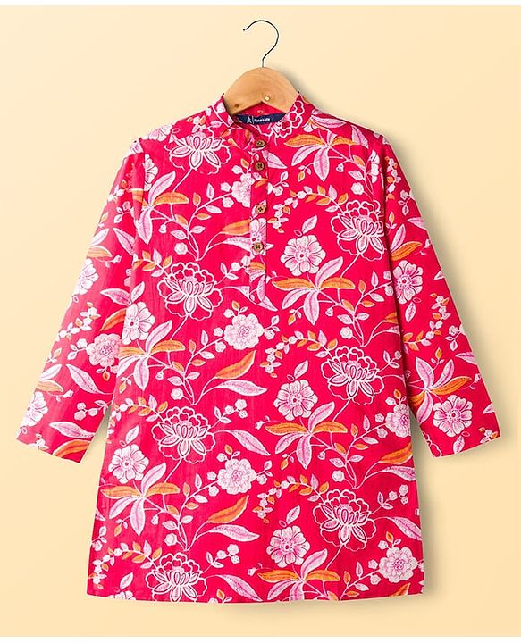 Pine Kids Cotton Woven Full Sleeves Kurta Pajama Set With Floral Print - Red