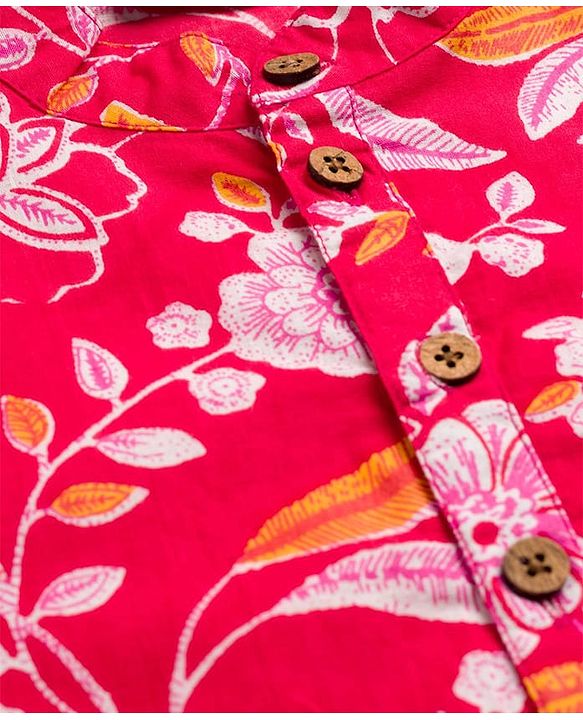 Pine Kids Cotton Woven Full Sleeves Kurta Pajama Set With Floral Print - Red