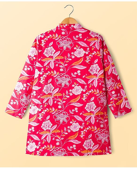 Pine Kids Cotton Woven Full Sleeves Kurta Pajama Set With Floral Print - Red