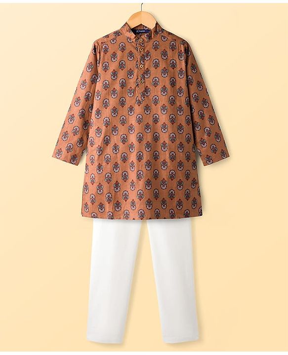 Pine Kids Cotton Woven Full Sleeves Kurta Pajama Set with Floral Print - Brown