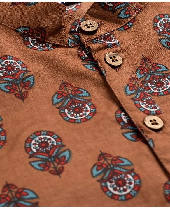 Pine Kids Cotton Woven Full Sleeves Kurta Pajama Set with Floral Print - Brown