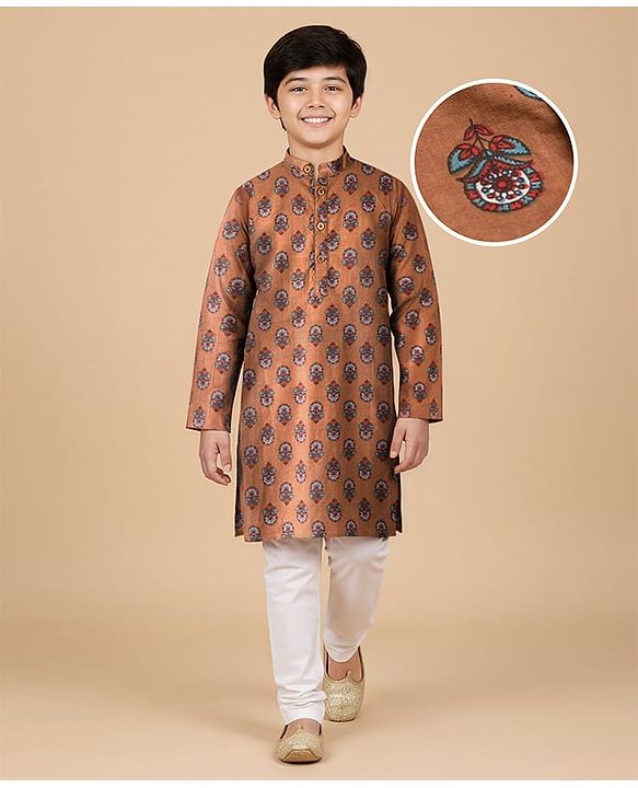 Pine Kids Cotton Woven Full Sleeves Kurta Pajama Set with Floral Print - Brown