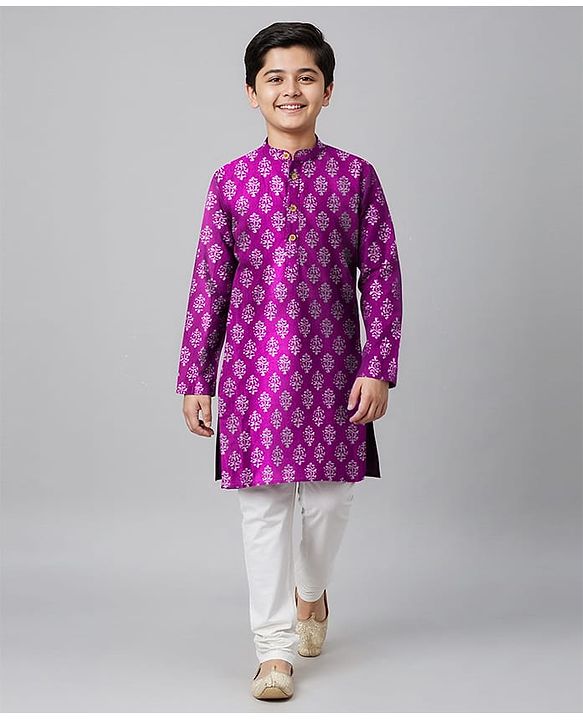 Pine Kids Cotton Woven Full Sleeves Kurta Pajama Set With Floral Print - Purple
