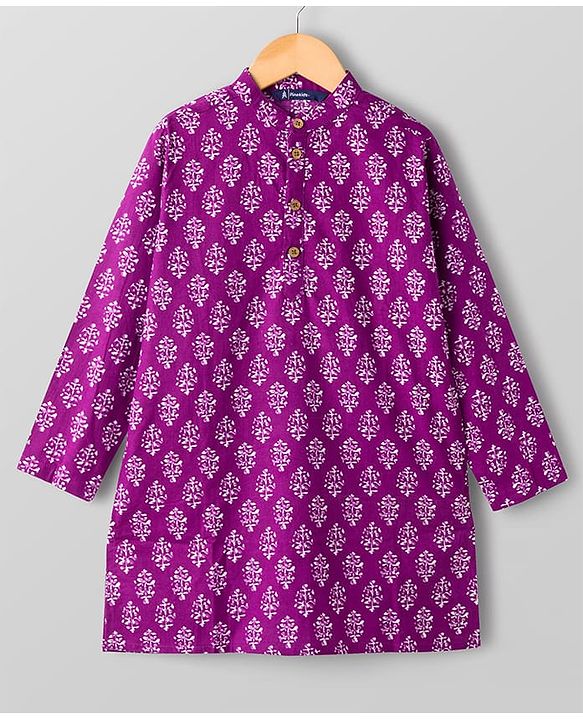 Pine Kids Cotton Woven Full Sleeves Kurta Pajama Set With Floral Print - Purple