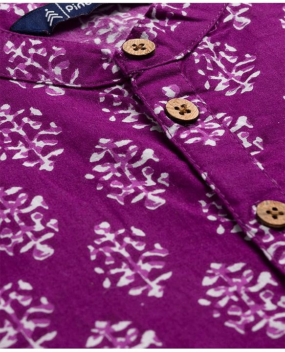 Pine Kids Cotton Woven Full Sleeves Kurta Pajama Set With Floral Print - Purple