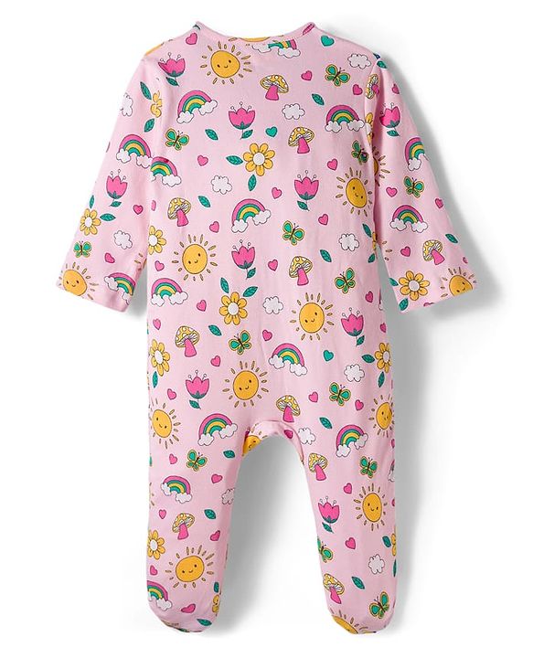 Babyhug Cotton Knit Full Sleeves Footed Sleepsuit With Floral Print - Light Pink