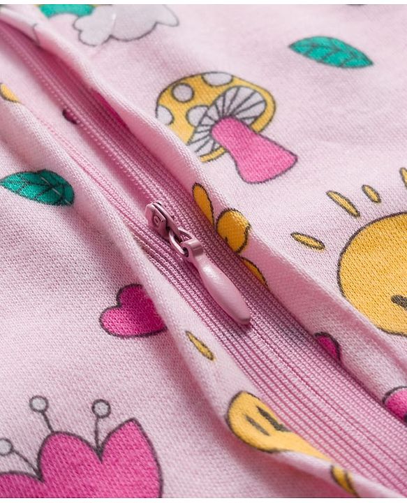 Babyhug Cotton Knit Full Sleeves Footed Sleepsuit With Floral Print - Light Pink