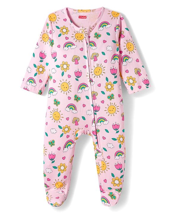 Babyhug Cotton Knit Full Sleeves Footed Sleepsuit With Floral Print - Light Pink