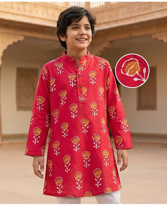 Pine Kids Cotton Woven Full Sleeves Kurta With Floral Print - Red