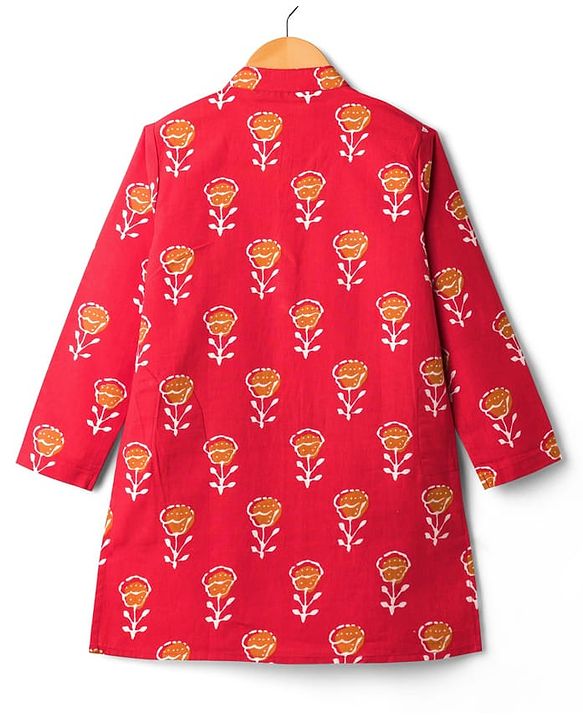 Pine Kids Cotton Woven Full Sleeves Kurta With Floral Print - Red