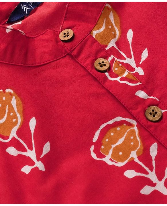 Pine Kids Cotton Woven Full Sleeves Kurta With Floral Print - Red