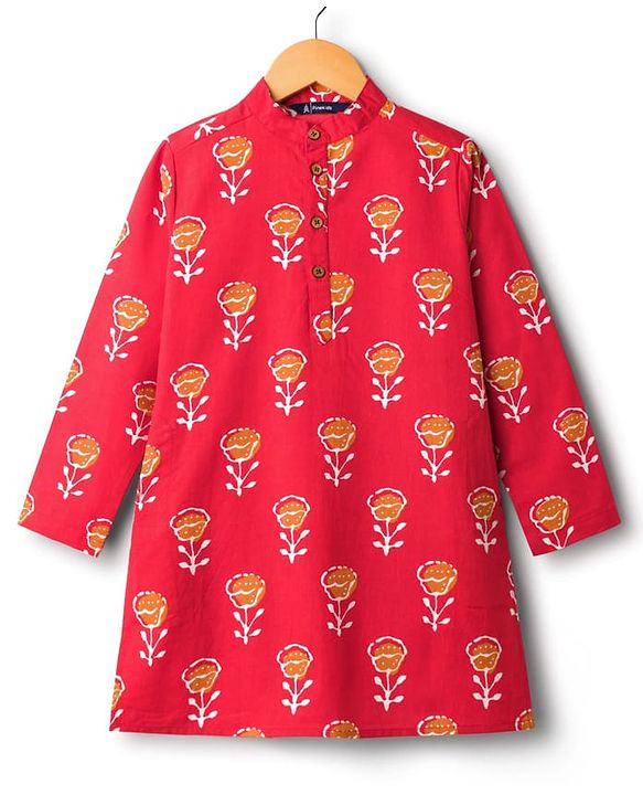 Pine Kids Cotton Woven Full Sleeves Kurta With Floral Print - Red