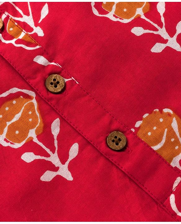 Pine Kids Cotton Woven Full Sleeves Kurta With Floral Print - Red