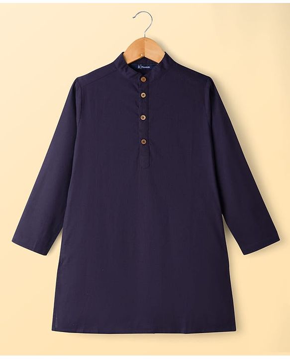 Pine Kids Cotton Woven Full Length Solid Colour Kurta Pajama Set - Navy Blue & White