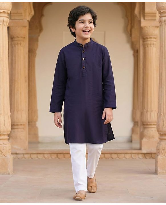Pine Kids Cotton Woven Full Length Solid Colour Kurta Pajama Set - Navy Blue & White