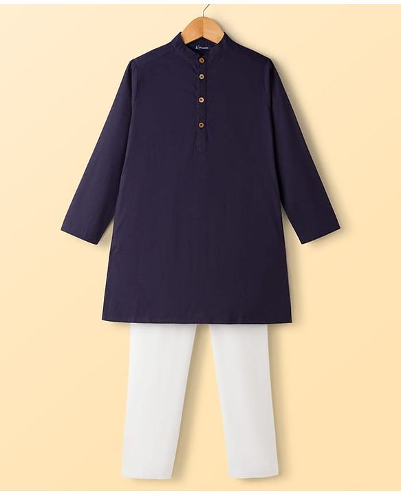 Pine Kids Cotton Woven Full Length Solid Colour Kurta Pajama Set - Navy Blue & White
