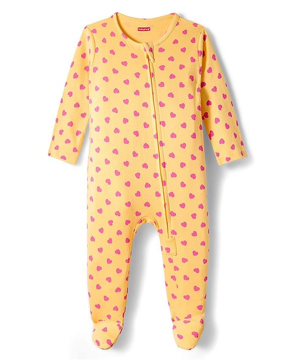 Babyhug Cotton Knit Full Sleeves Footed Sleepsuit With Heart Print - Yellow