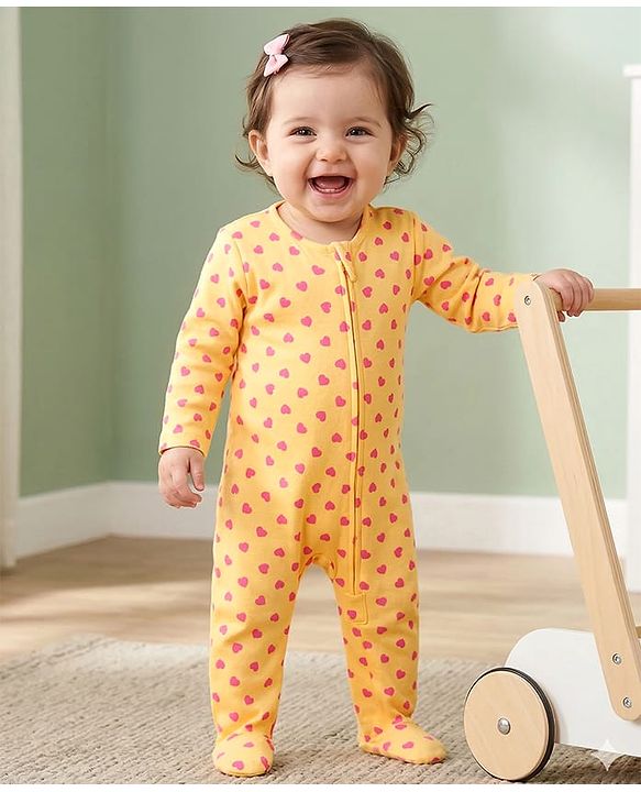 Babyhug Cotton Knit Full Sleeves Footed Sleepsuit With Heart Print - Yellow