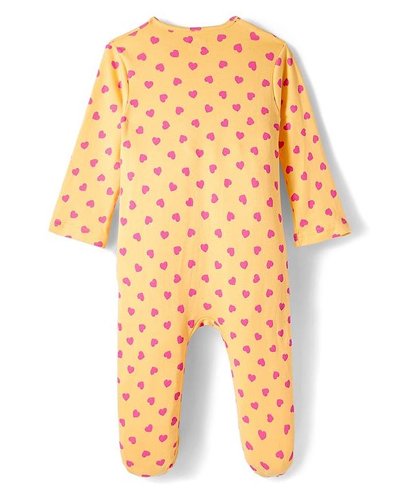 Babyhug Cotton Knit Full Sleeves Footed Sleepsuit With Heart Print - Yellow