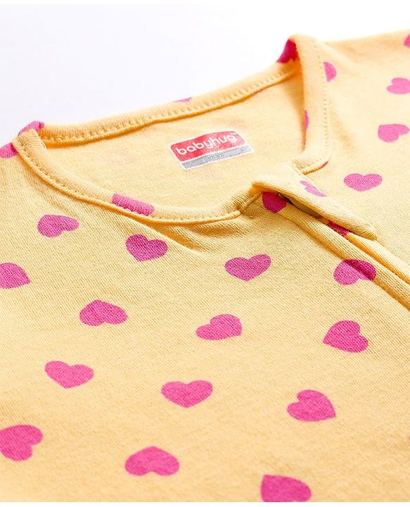 Babyhug Cotton Knit Full Sleeves Footed Sleepsuit With Heart Print - Yellow