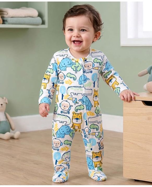 Babyhug Cotton Knit Full Sleeves Footed Sleepsuit With Animal Print - White