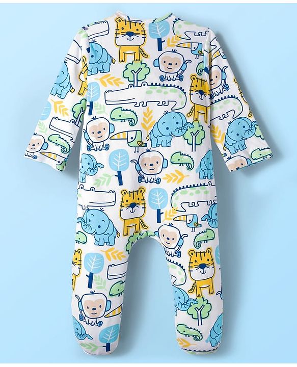 Babyhug Cotton Knit Full Sleeves Footed Sleepsuit With Animal Print - White