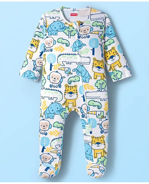 Babyhug Cotton Knit Full Sleeves Footed Sleepsuit With Animal Print - White