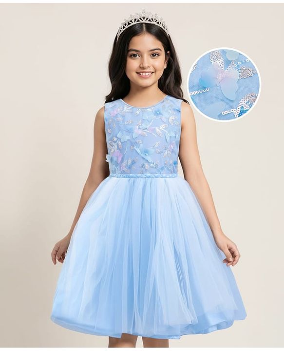 Pine Kids Woven Sleeveless Party Dress With Butterfly Applique & Sequin Detailing - Blue