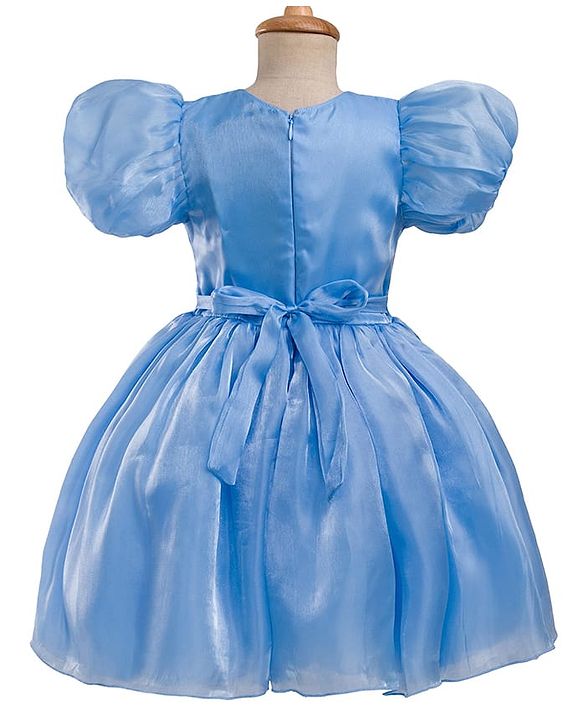 Pine Kids Woven Half Sleeves Party Dress With Glitter Floral Print - Light Blue