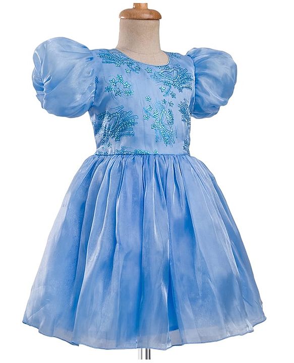 Pine Kids Woven Half Sleeves Party Dress With Glitter Floral Print - Light Blue