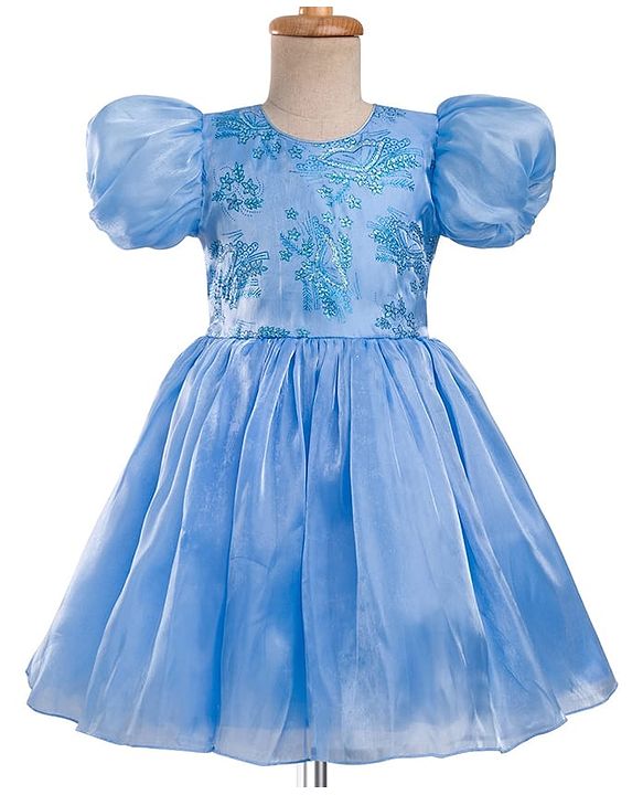 Pine Kids Woven Half Sleeves Party Dress With Glitter Floral Print - Light Blue