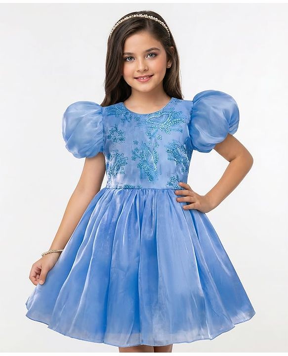 Pine Kids Woven Half Sleeves Party Dress With Glitter Floral Print - Light Blue